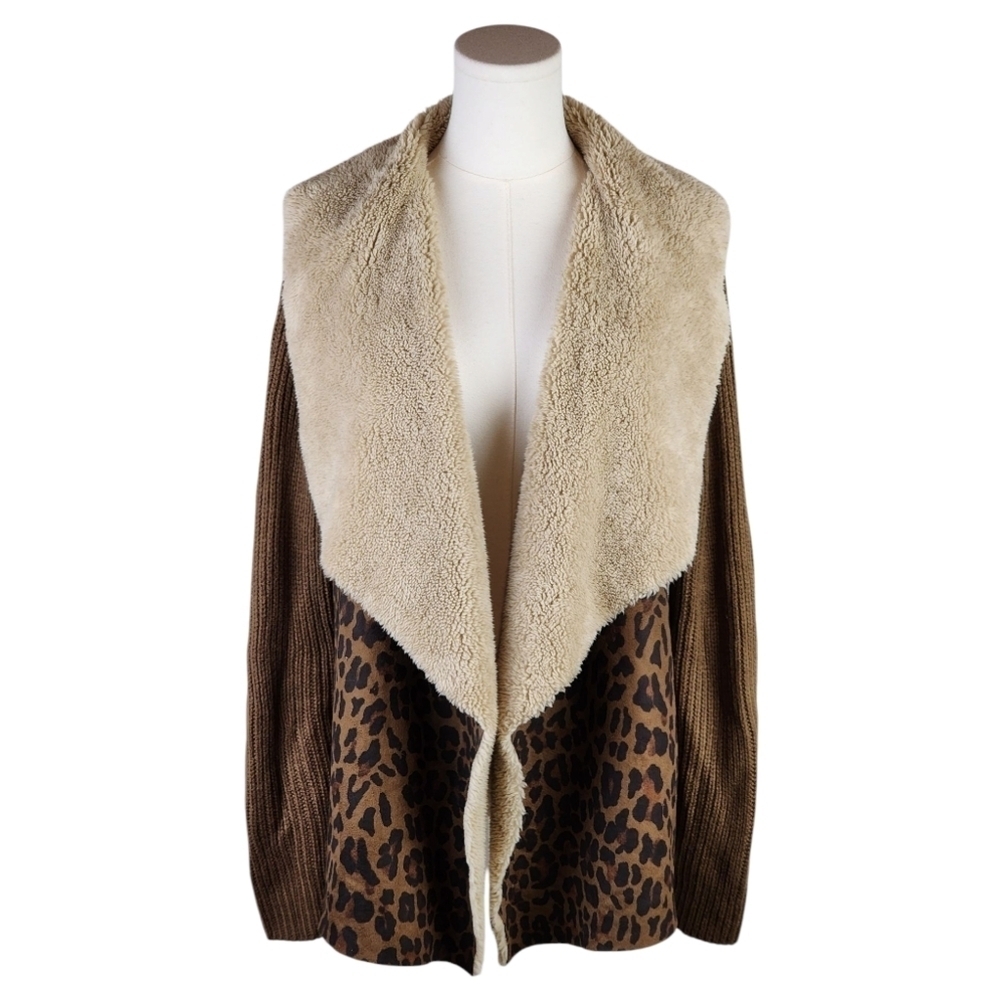 Vintage America Leopard Sherpa Collar Cardigan Small Boho Cozy Open Front